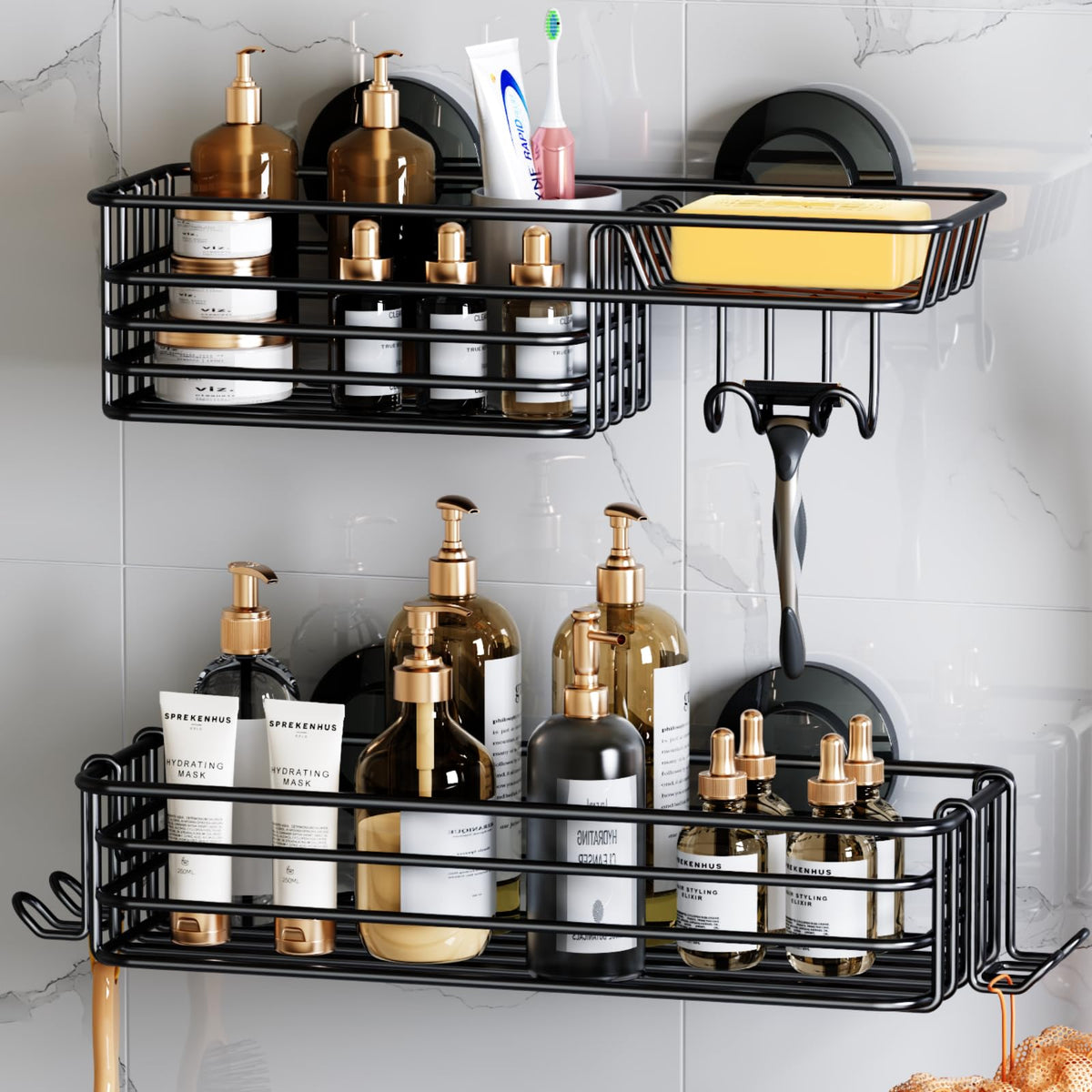 LEVERLOC shower caddy suction cup keeps bathroom essentials secure on smooth surfaces.