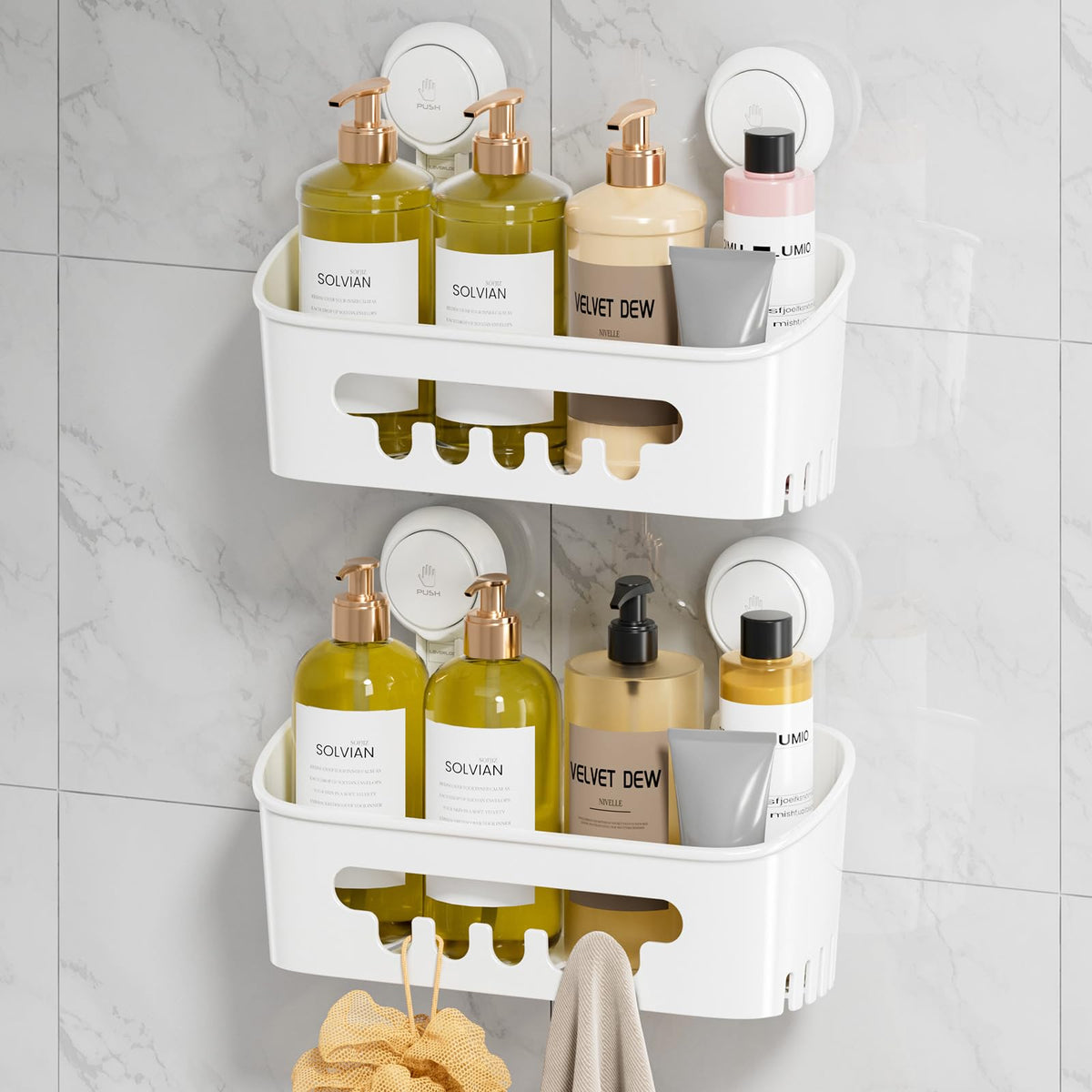 LEVERLOC shower caddy with suction cup on tile keeps items secure.