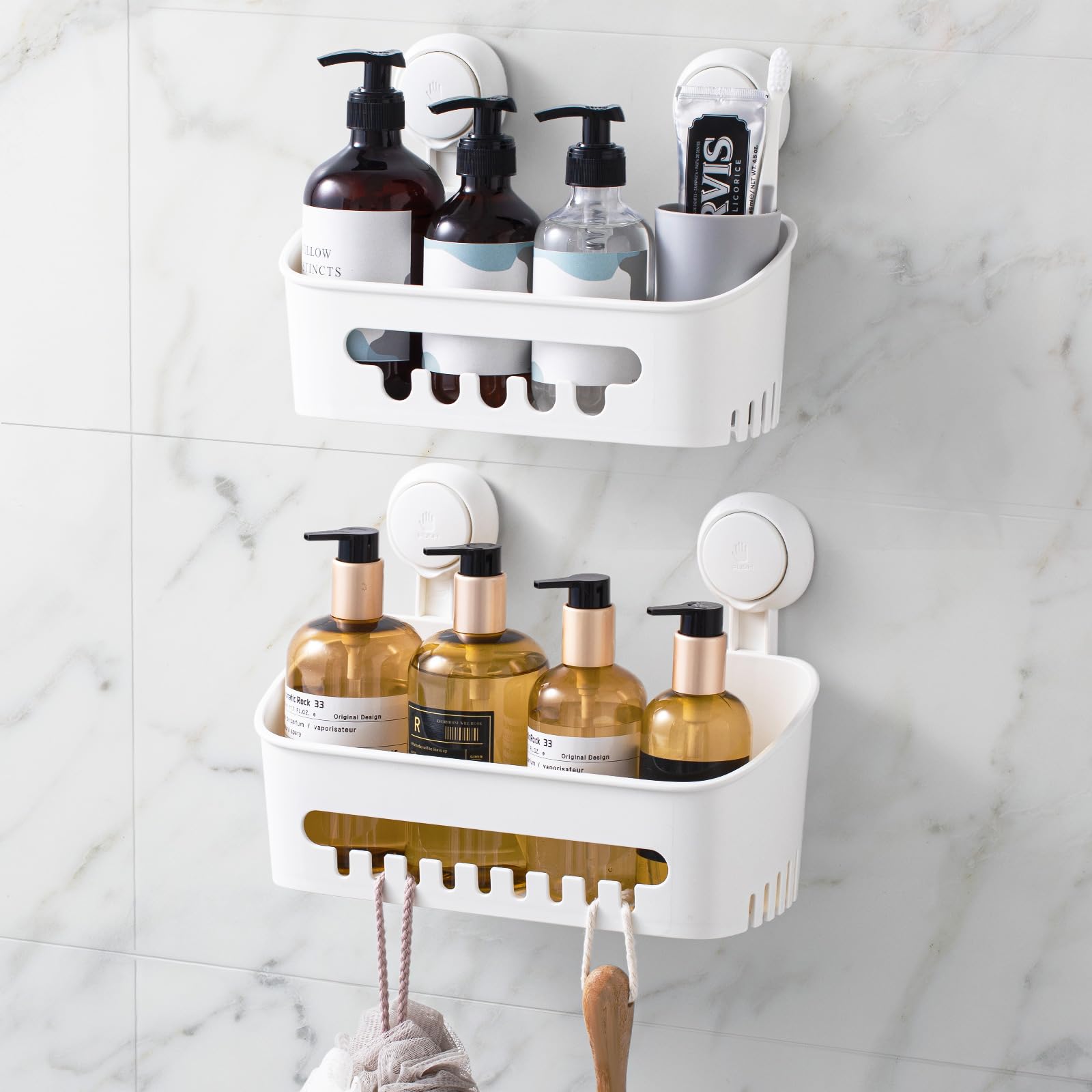 LEVERLOC shower caddy with suction cup attached to tile for secure storage of shampoo.