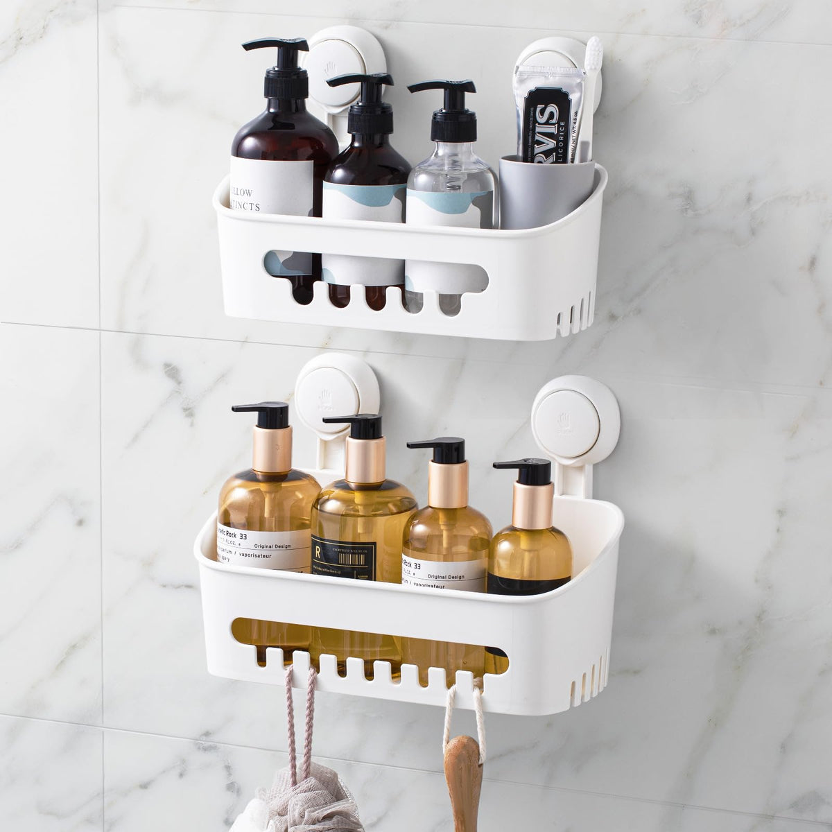 LEVERLOC shower caddy with suction cup attached to tile for secure storage of shampoo.