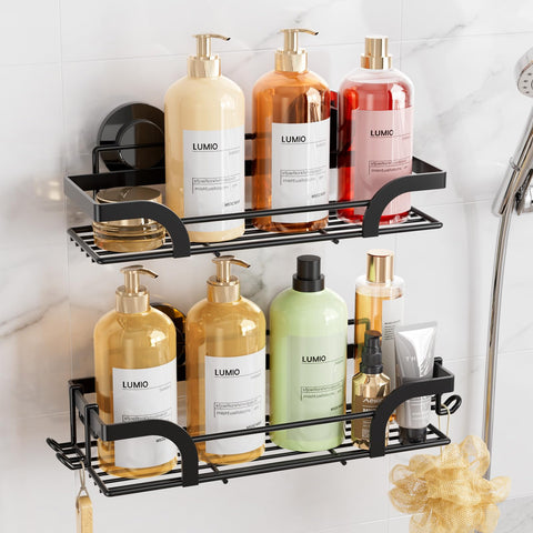 LEVERLOC shower caddy with suction cup securing to glass surface for no-drill installation