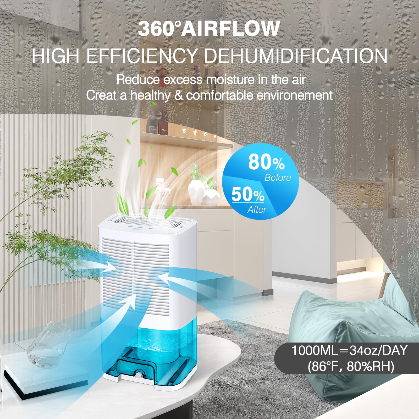 Levoair dehumidifier with 2000ml tank visible, full view for capacity awareness