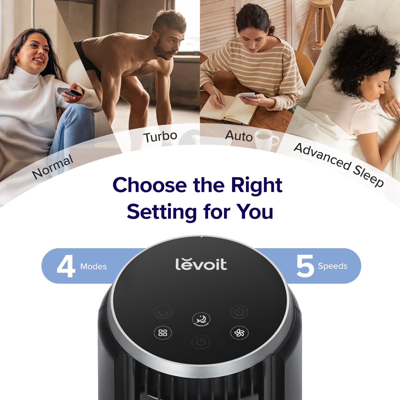 LEVOIT Classic 36-inch tower fan oscillation demonstration highlights 90° coverage.