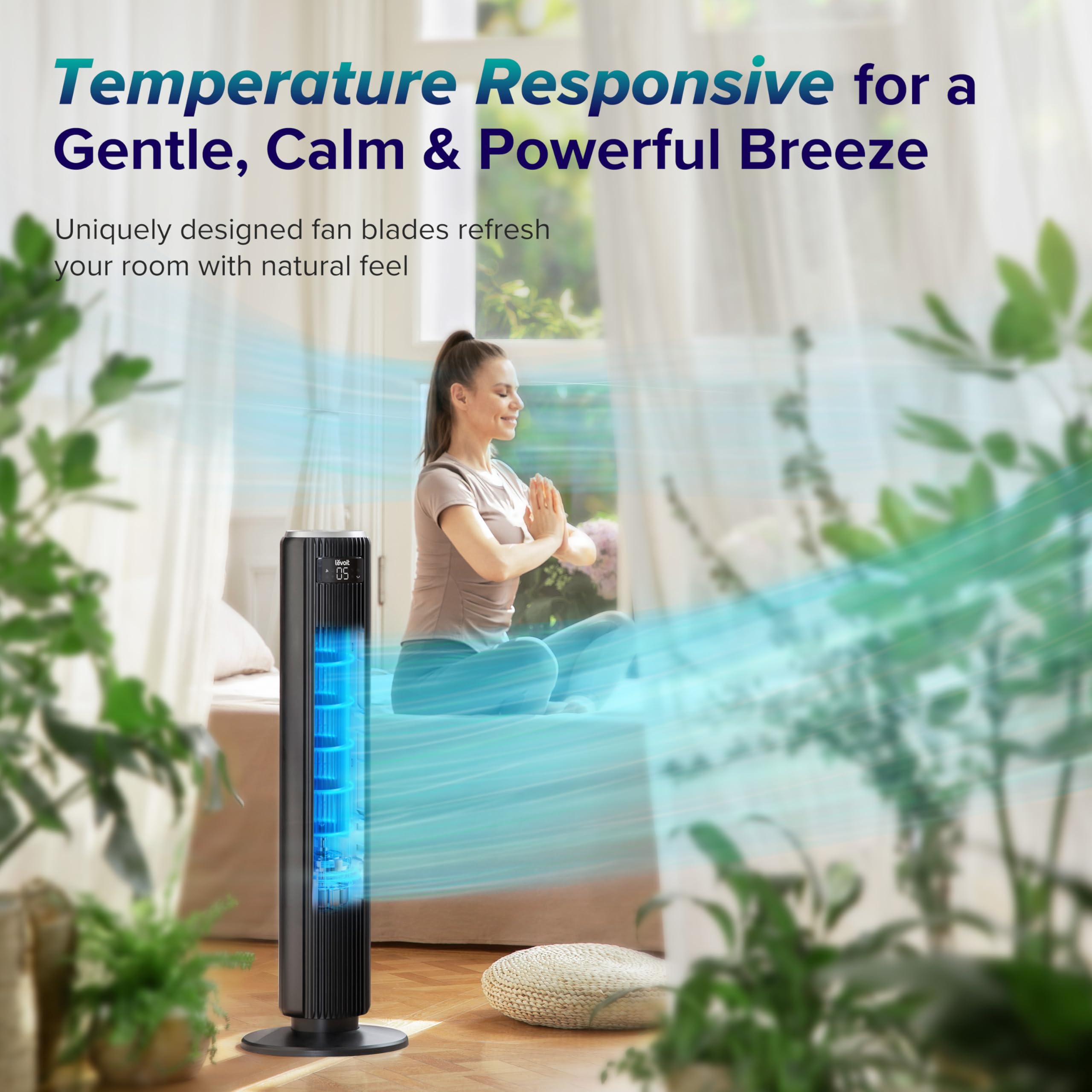 LEVOIT Classic 36-inch tower fan side profile shows slim footprint for compact spaces with strong cooling.