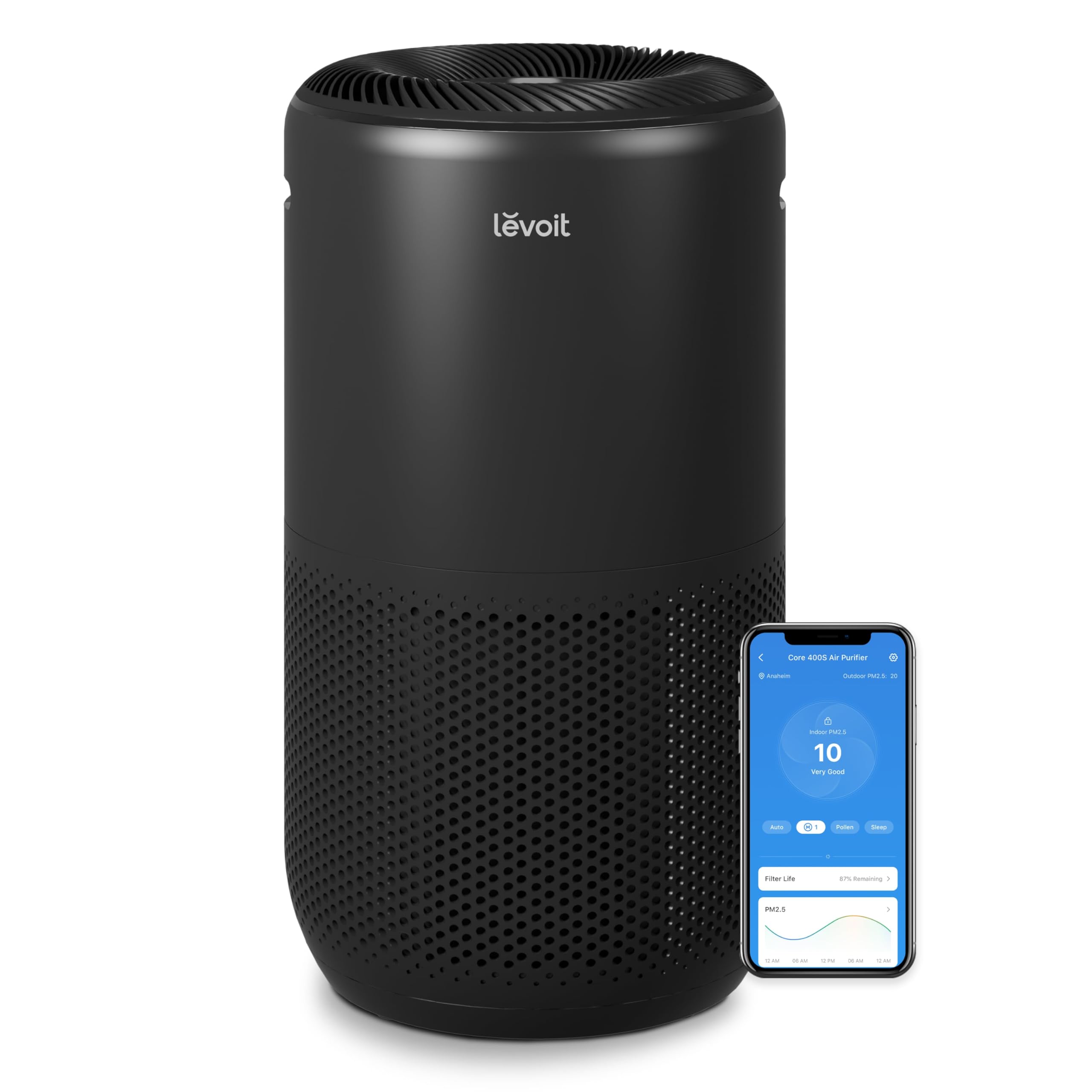 Levoit Core 400S-P front view in a large room, showing its presence in open spaces.