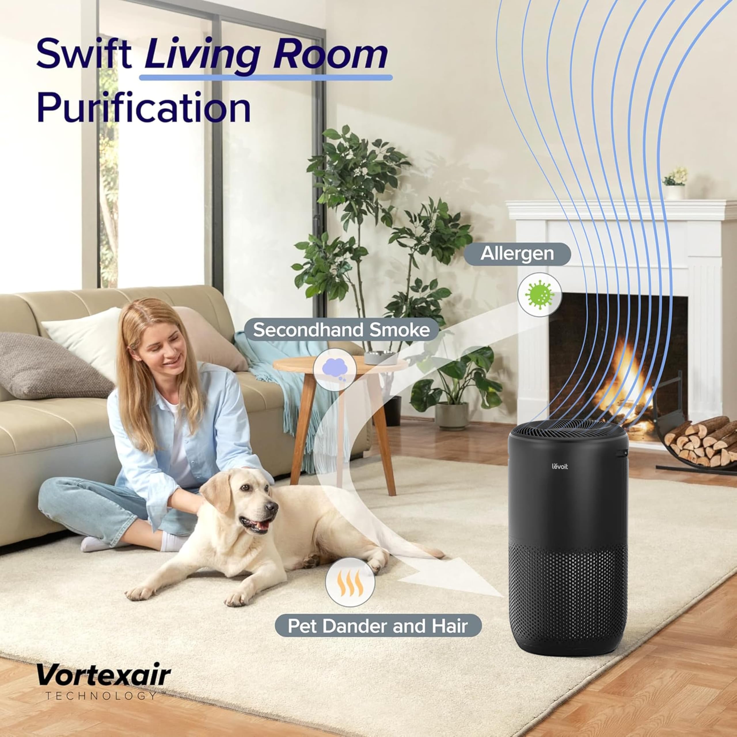 Levoit Core 400S-P in a living room setup demonstrates large-space purification.