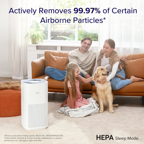 Levoit Core 600S-P in living room demonstrating wide-area purification