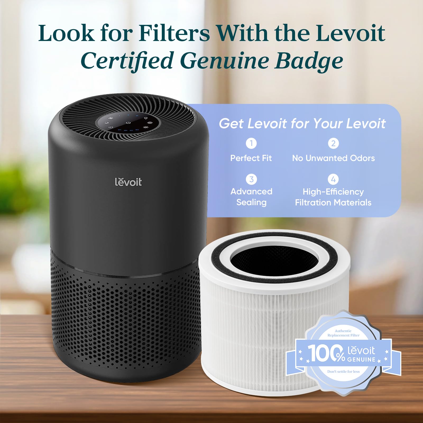 Levoit Core 300-P large-room coverage image illustrates up to 1,073 ft².