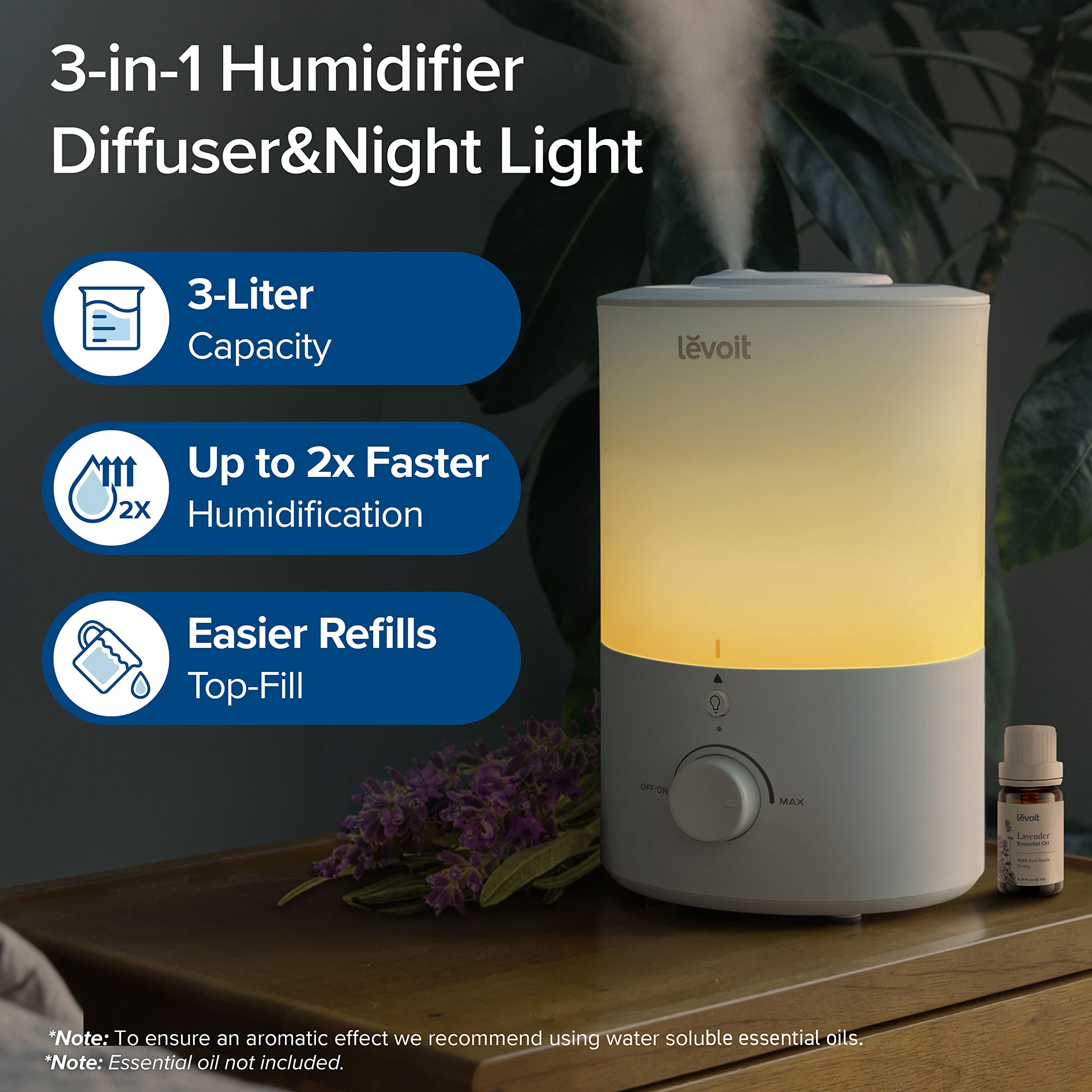 Levoit humidifier shows a 3L tank for extended moisture between fills