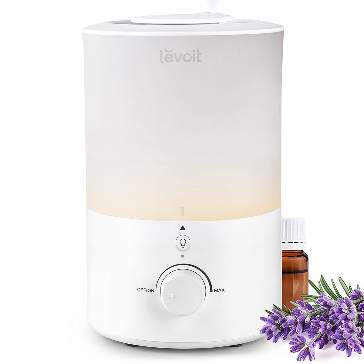 Levoit humidifier with night light in a calm bedroom promoting restful ambiance