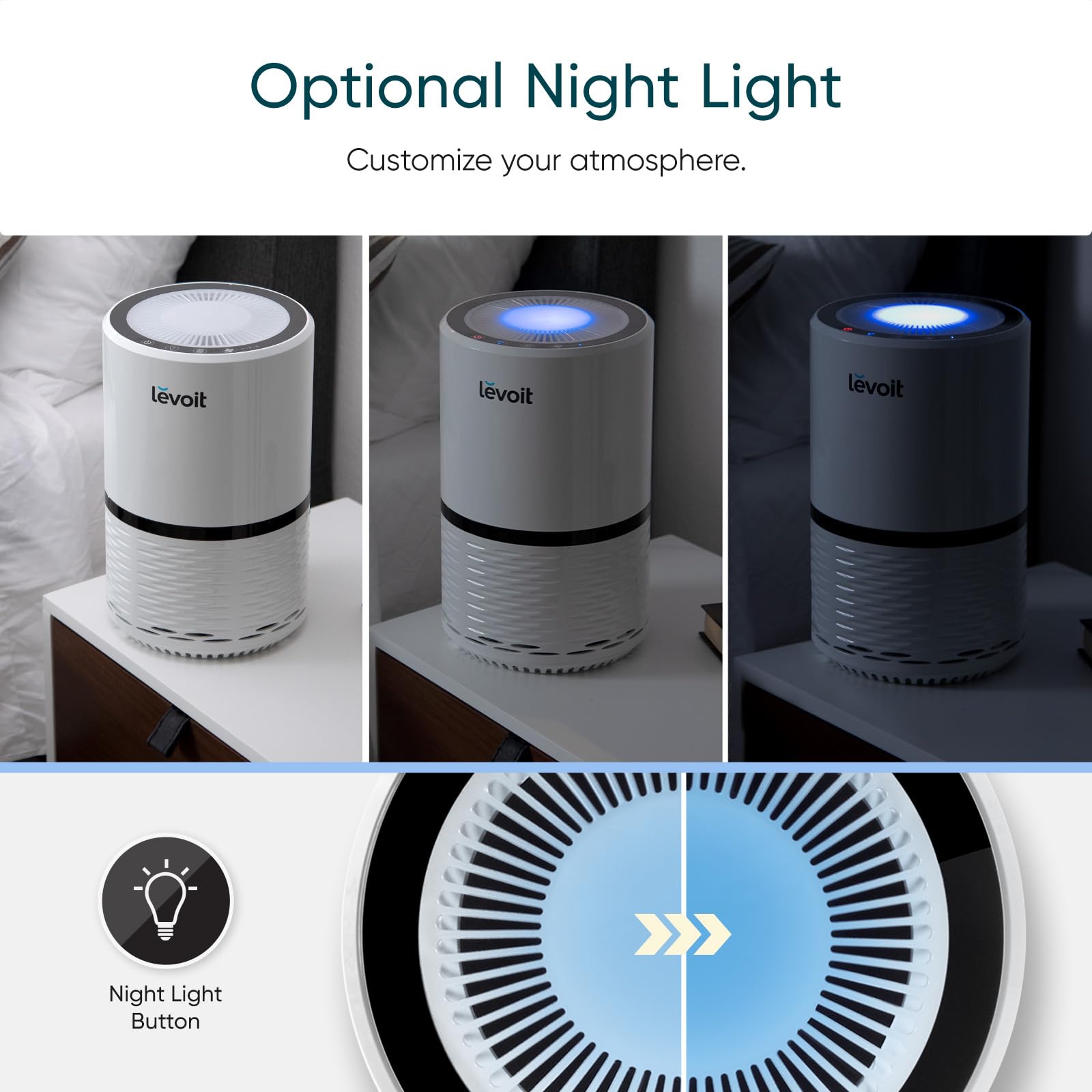 Levoit LV-H132 night light mode provides soft illumination for night use.