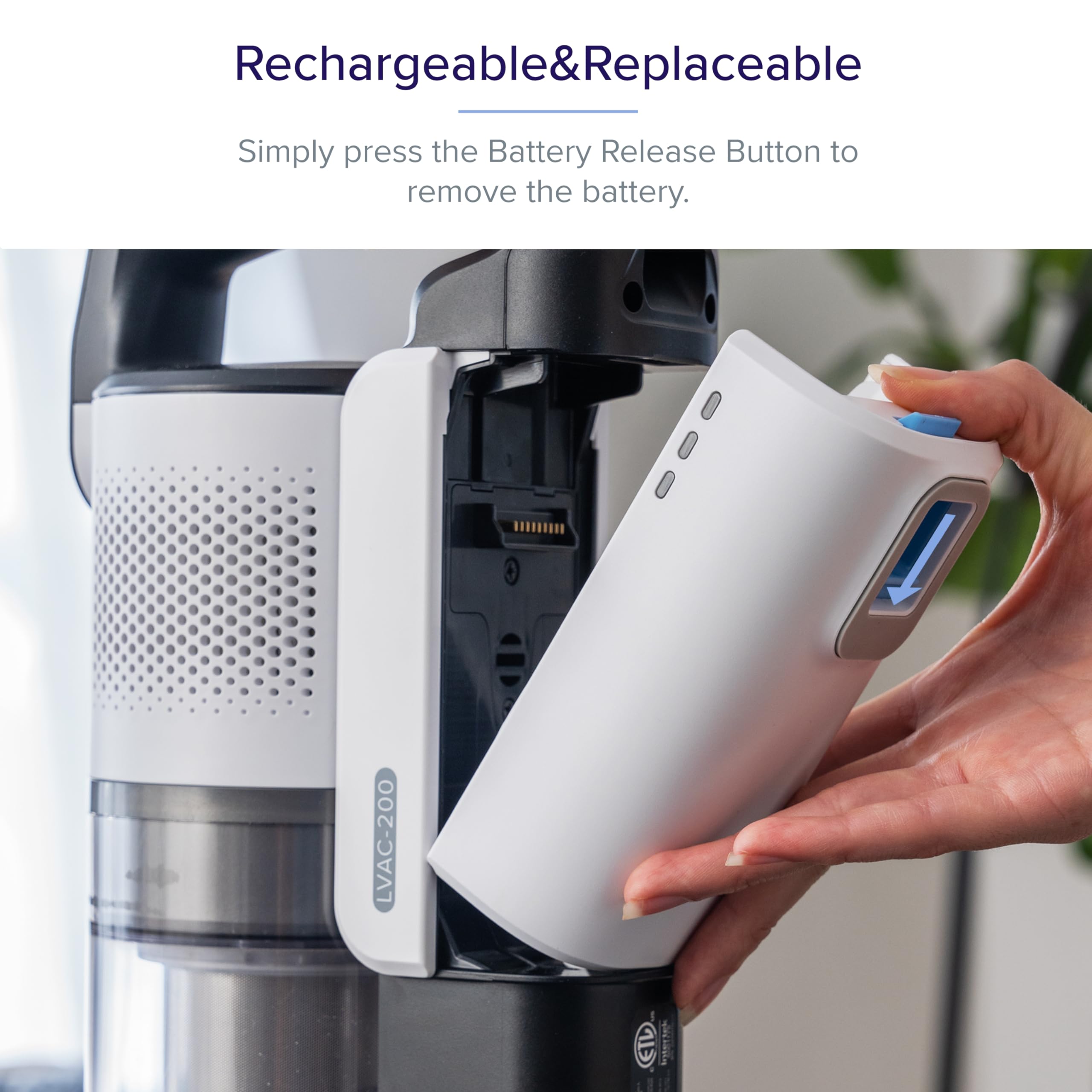 Levoit LVAC-200 battery charging port close-up with easy recharge options.