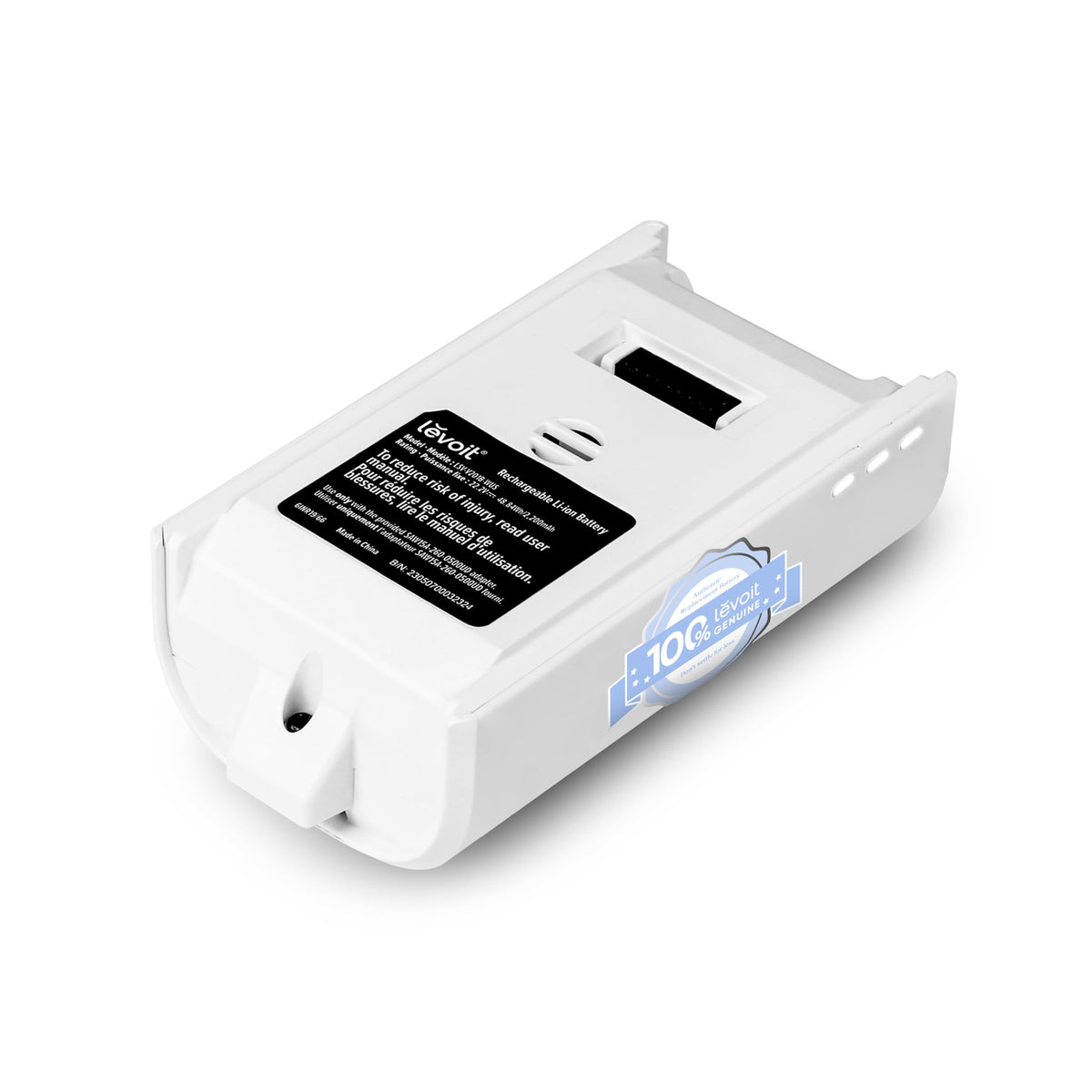 Levoit LVAC-200 battery front view demonstrating swappable power for extended cleaning sessions.