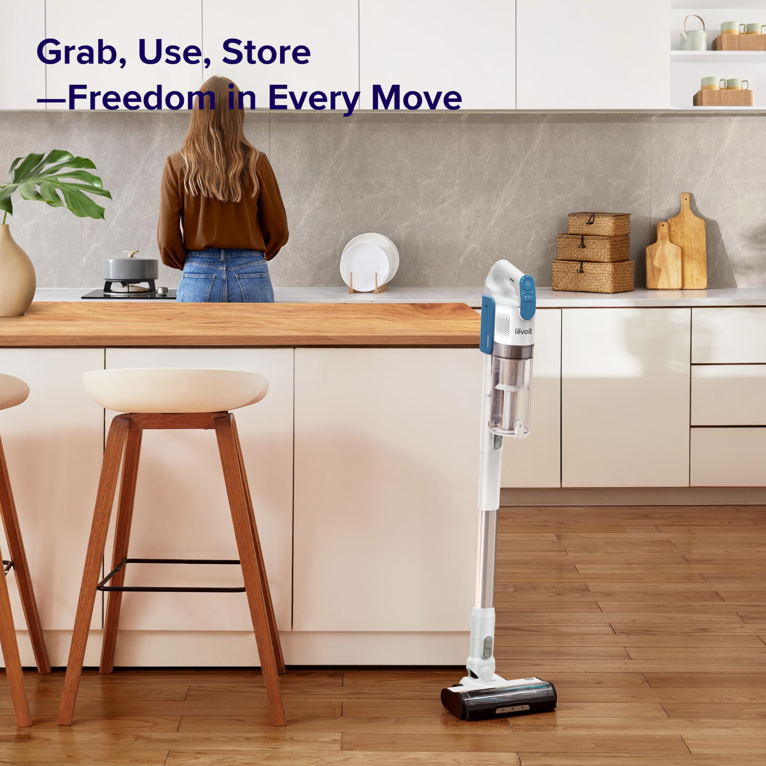 LEVOIT LVAC-200 LED headlights illuminate dust under furniture for easy spotting.