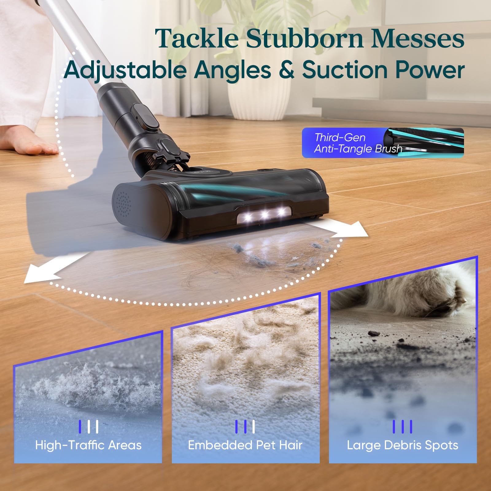 LEVOIT LVAC-200 MAX anti-tangle brush helps prevent hair wrap during cleaning.