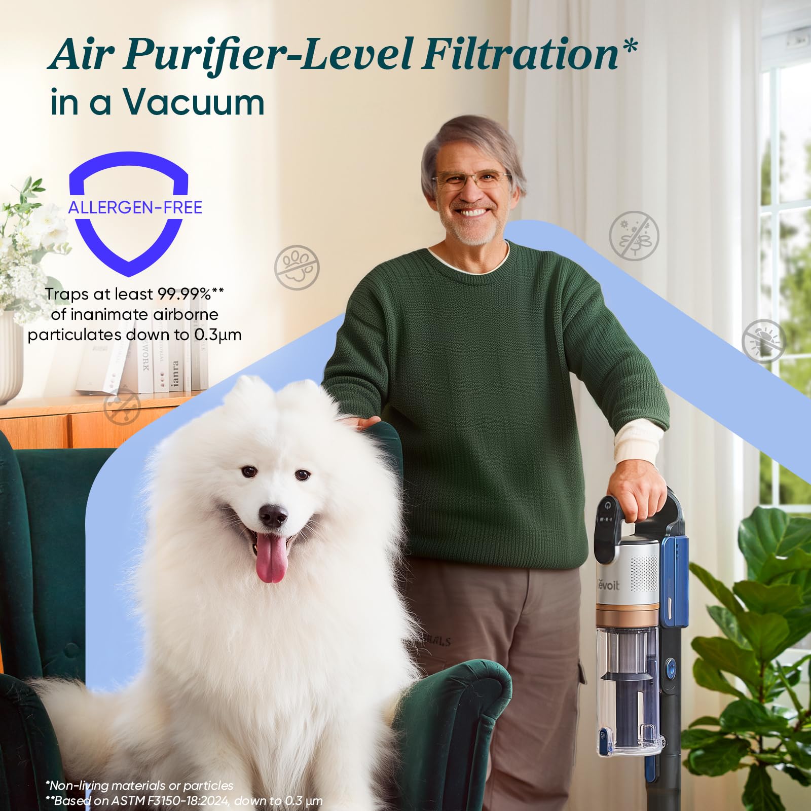 LEVOIT LVAC-300 HEPA filter close-up highlights clean air filtration.