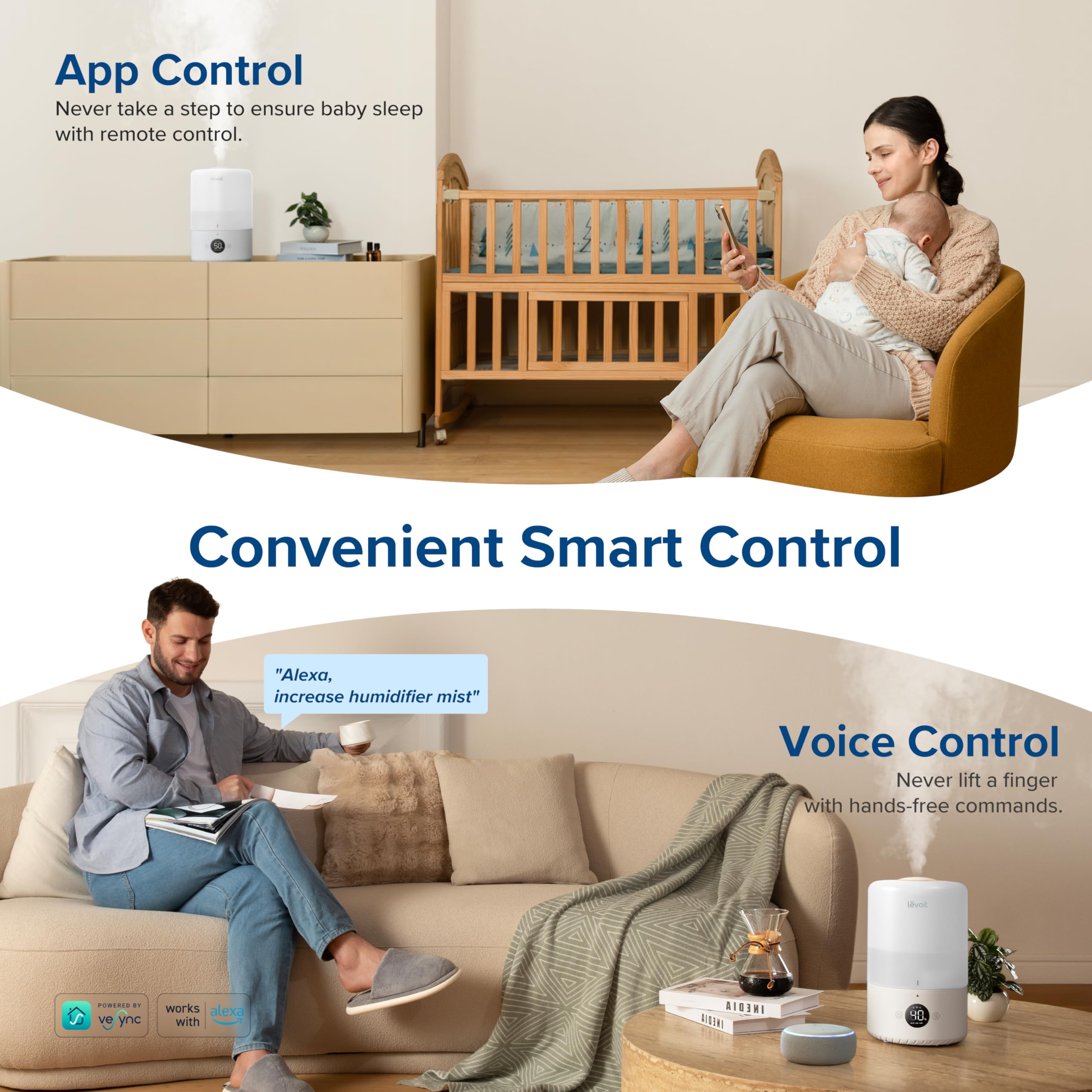 LEVOIT 360° nozzle for even mist distribution across room.