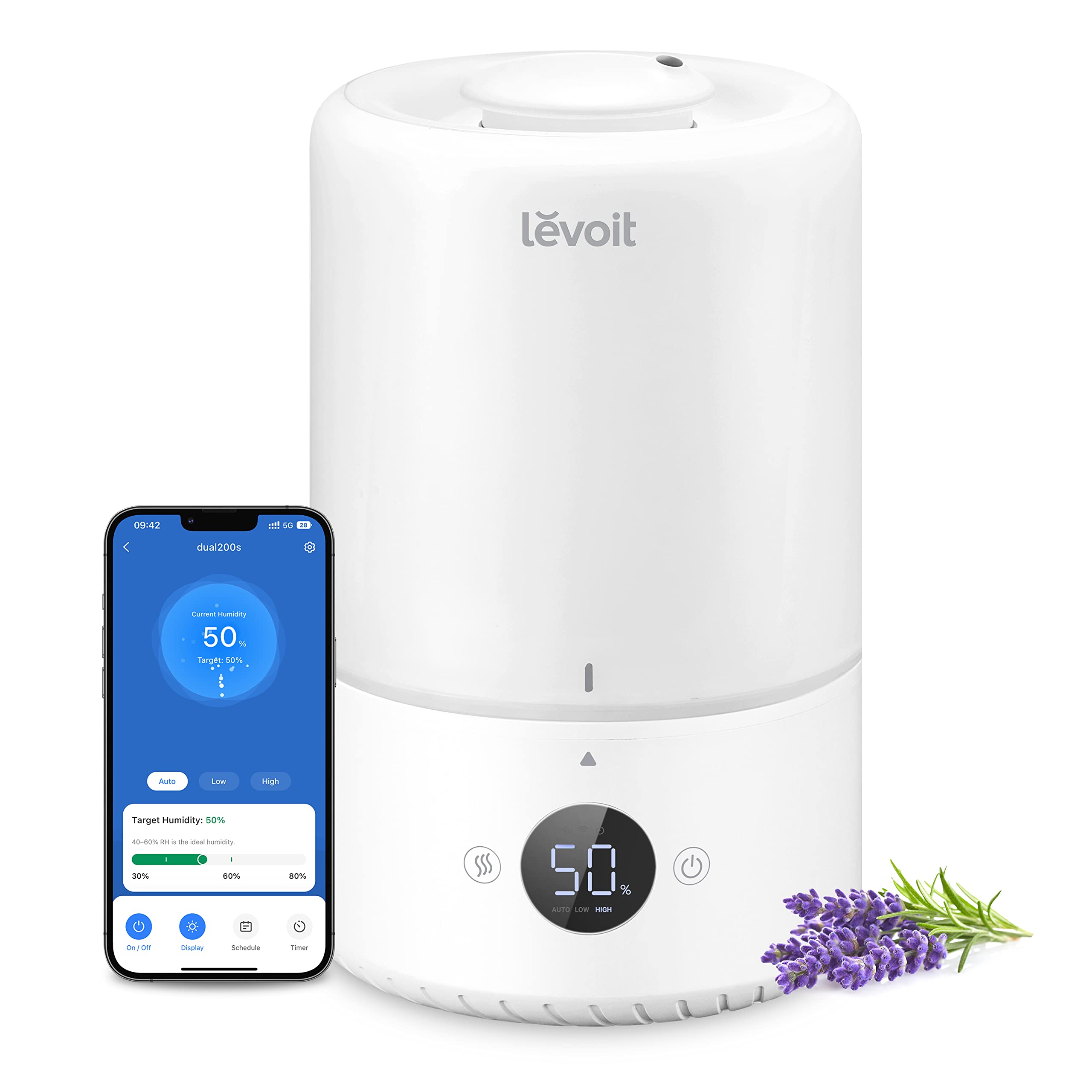 LEVOIT humidifier front view showing 3L tank for quiet bedroom use.