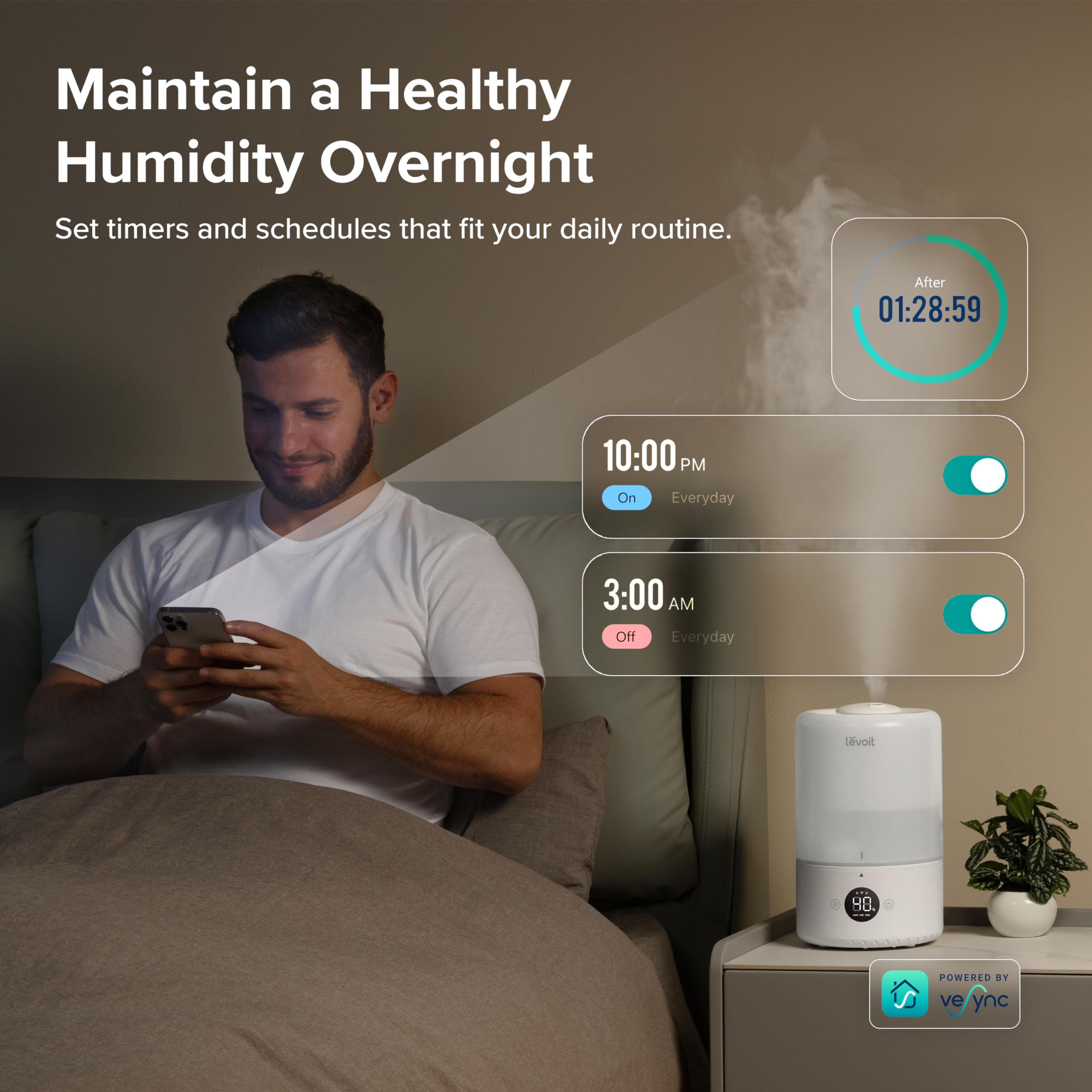 LEVOIT ultra-quiet operation for peaceful nights and minimal disruption.