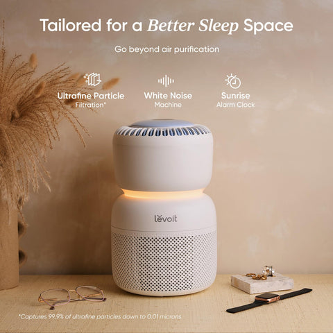 LEVOIT Sprout side view shows slim profile for nightstand use