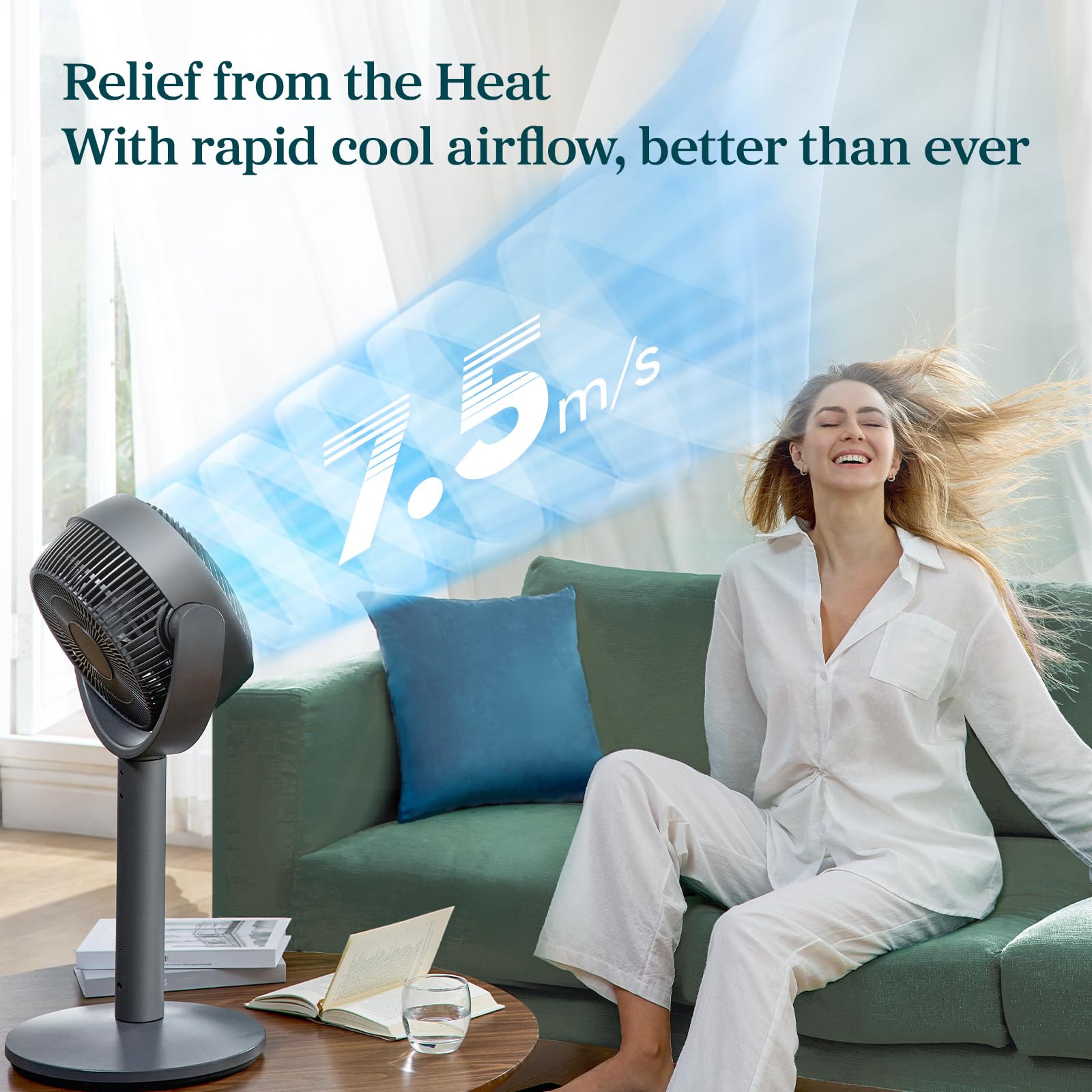 Levoit Standing Smart Fan display of Eco mode for energy-efficient cooling.