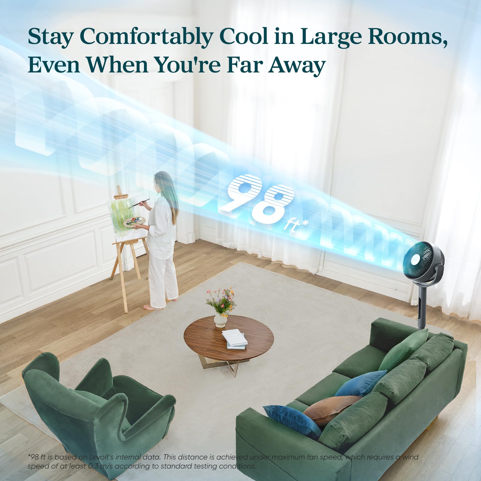 Levoit Standing Smart Fan in Sleep mode delivering quiet operation for restful nights.