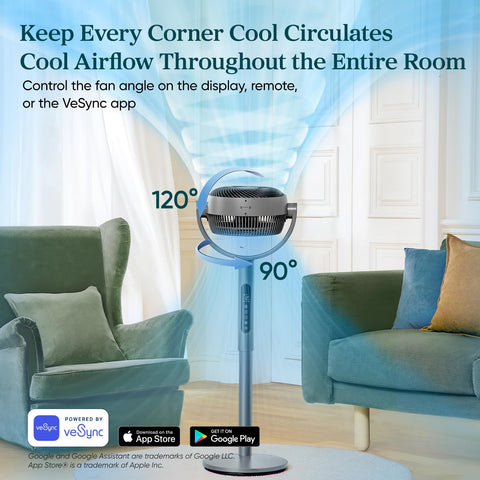 Levoit Standing Smart Fan with VeSync app and voice control for hands-free operation.