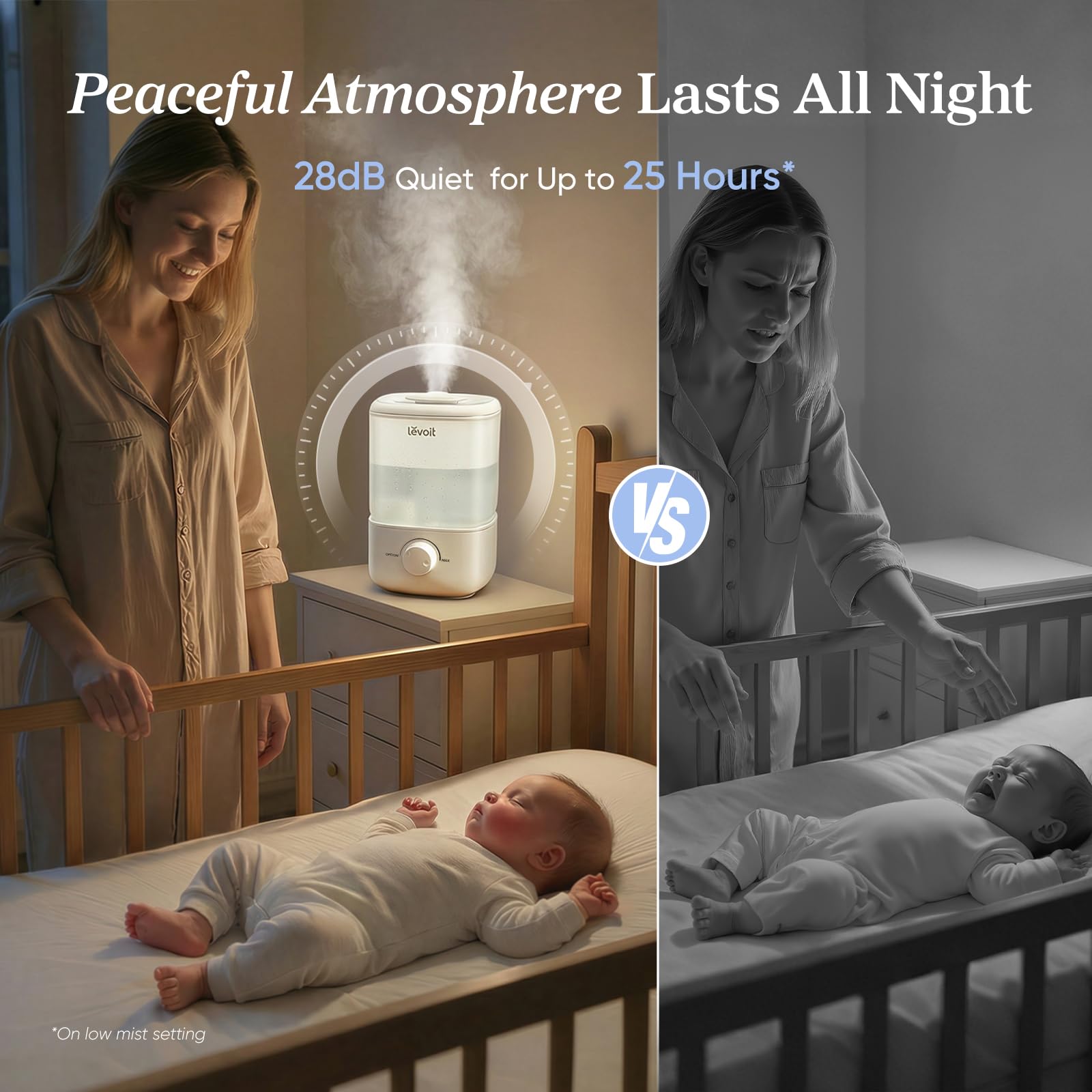LEVOIT Top Fill Humidifier operates quietly at 28dB for peaceful nights