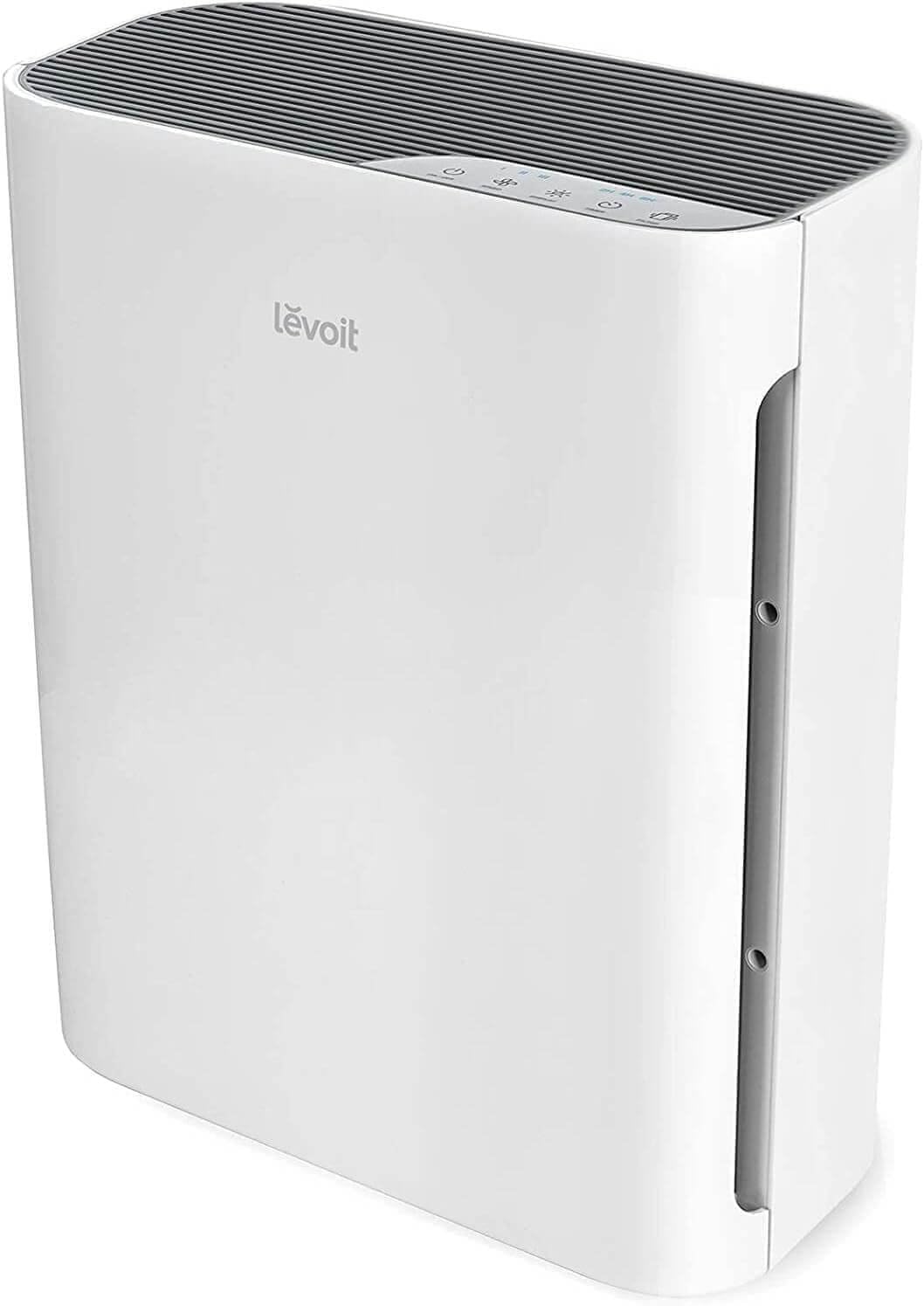 Levoit Vital 100 front view in a compact bedroom, showcasing quiet performance.