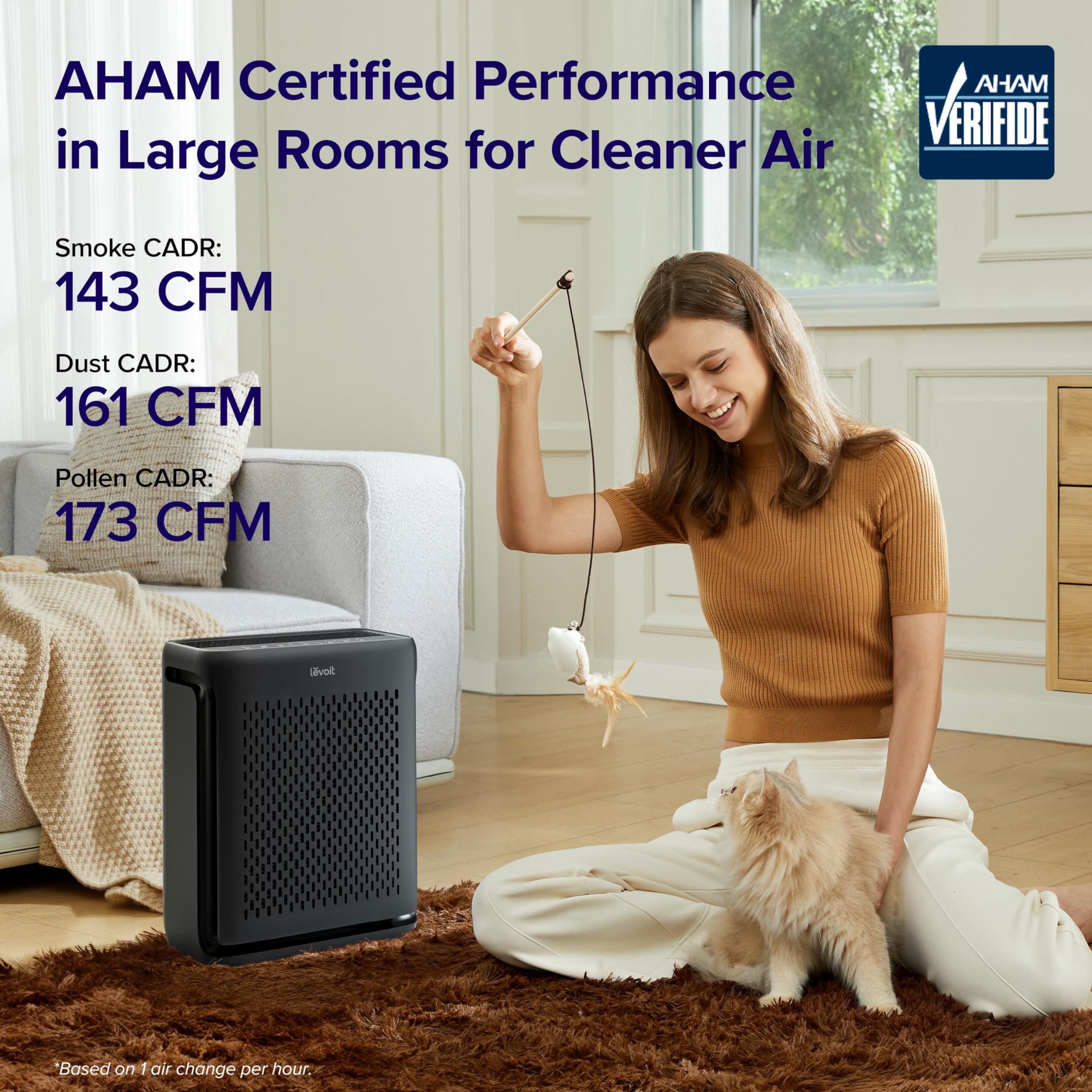 Levoit Vital 100S-P in a living room, quiet air purification in action.