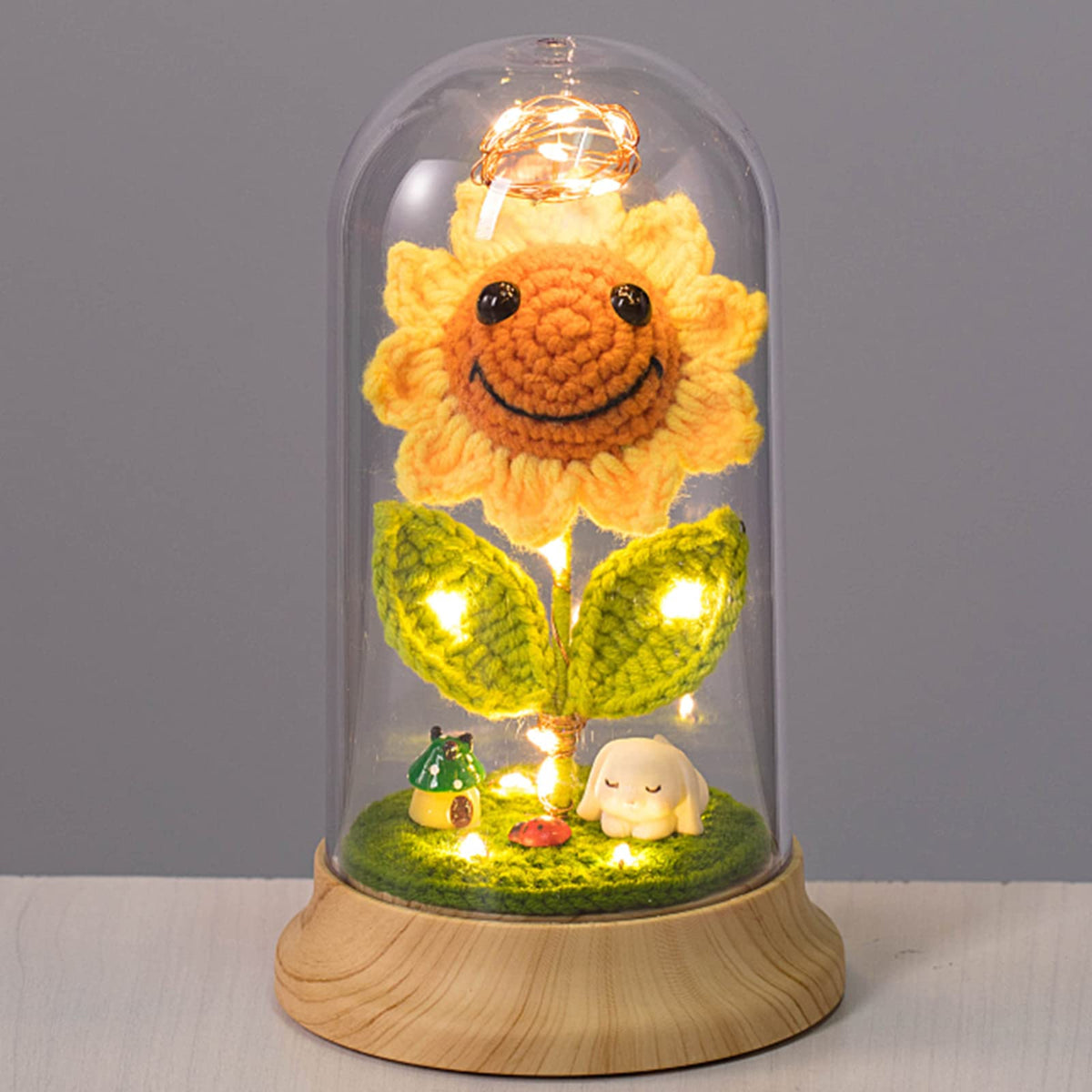 Levvohd eternal sunflower crochet detail inside a crystal dome for cozy decor.