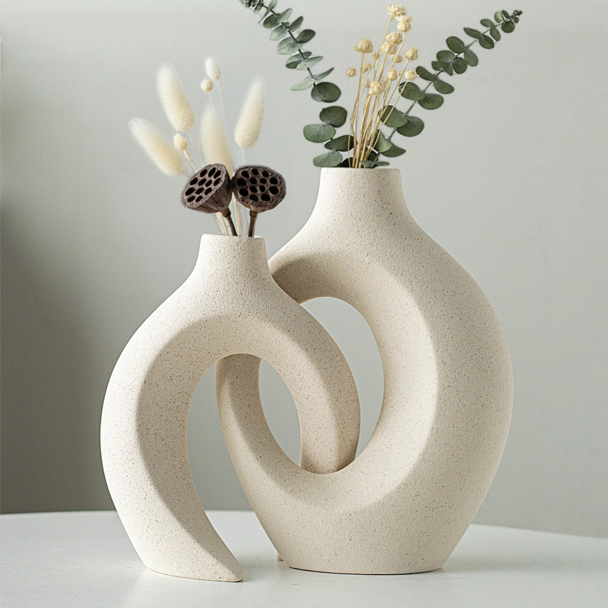 Levvohd hollow ceramic vase tall cream white on shelf with modern silhouette for stylish shelves