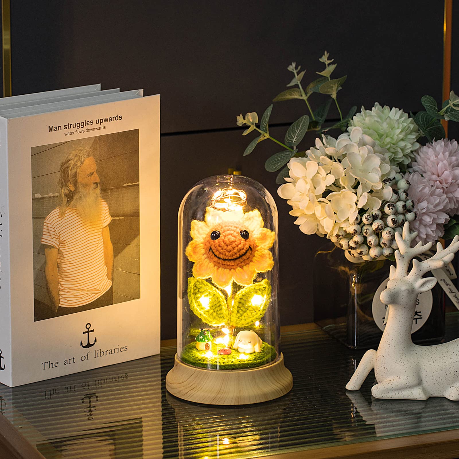 Levvohd crochet sunflower indoors with LED glow for warm night ambience.