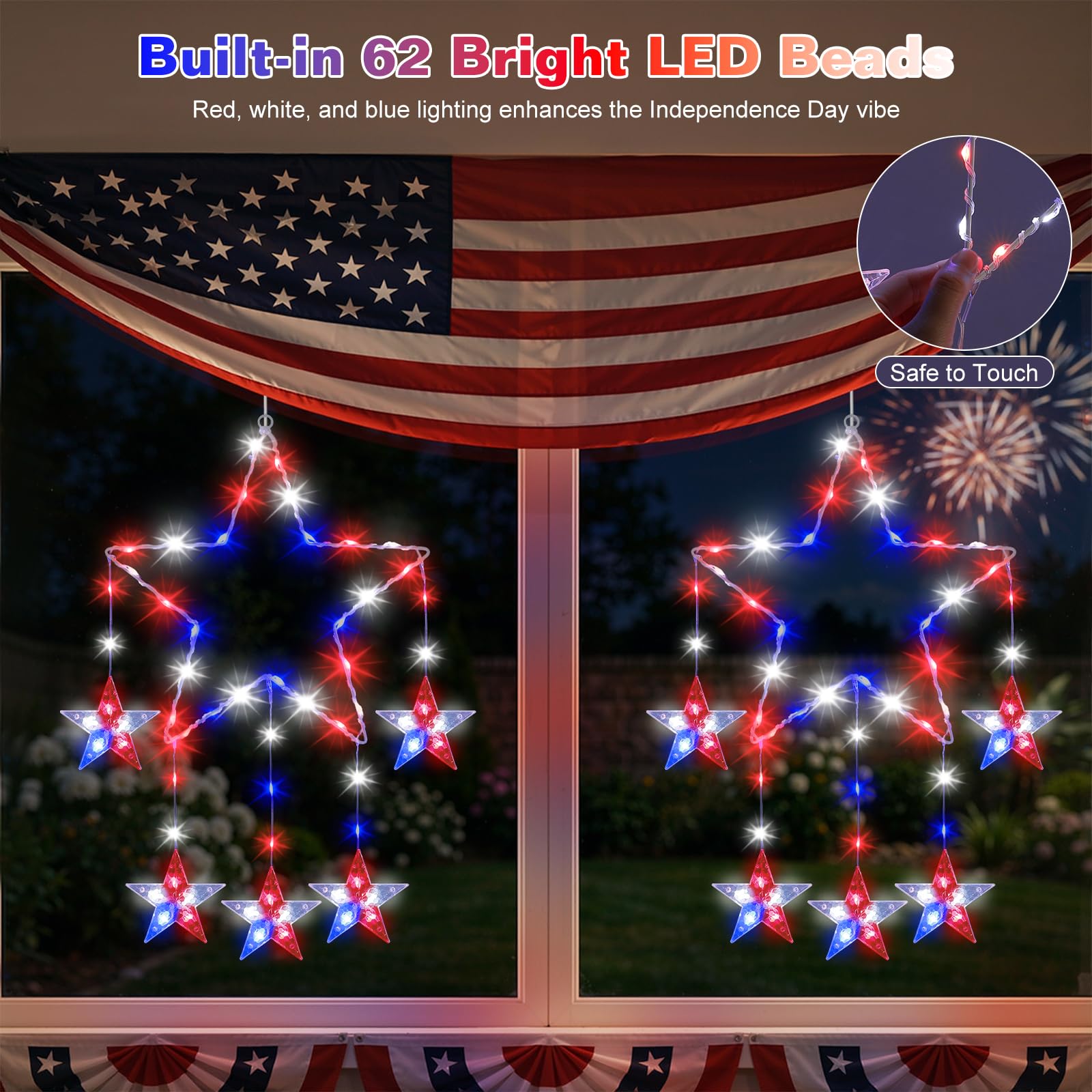 Lewondr red white blue LEDs brighten patriotic celebrations on windows and walls.