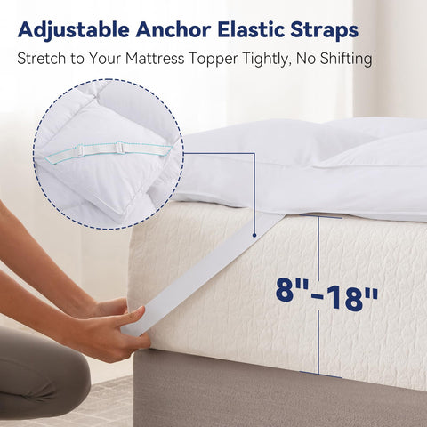 LeWinBedding topper anchored to mattress shows secure fit with adjustable bands.