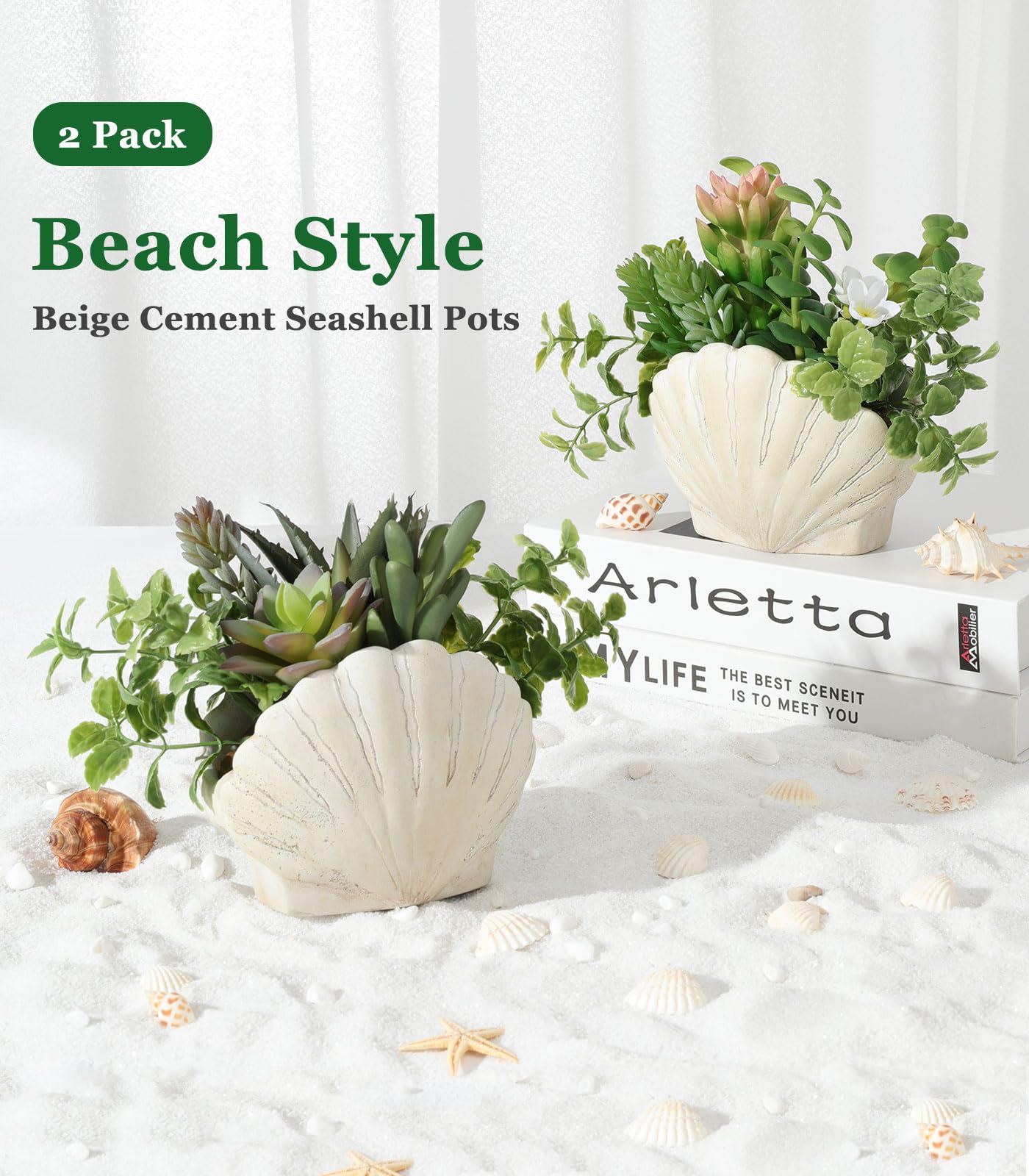 Lewondr artificial greenery in shell pots adds modern beige texture to shelves.