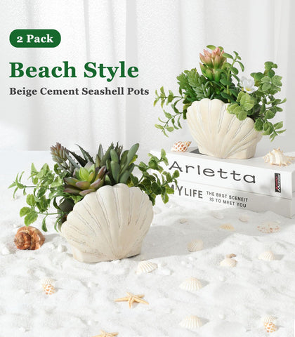 Lewondr artificial greenery in shell pots adds modern beige texture to shelves.