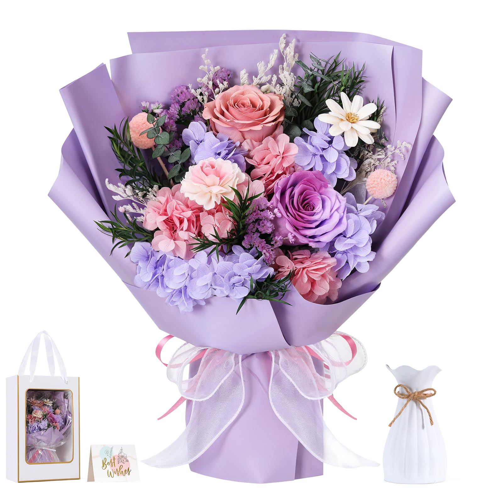 Lewondr Forever Flowers bouquet close-up of preserved roses in pink-purple tones for lasting decor.