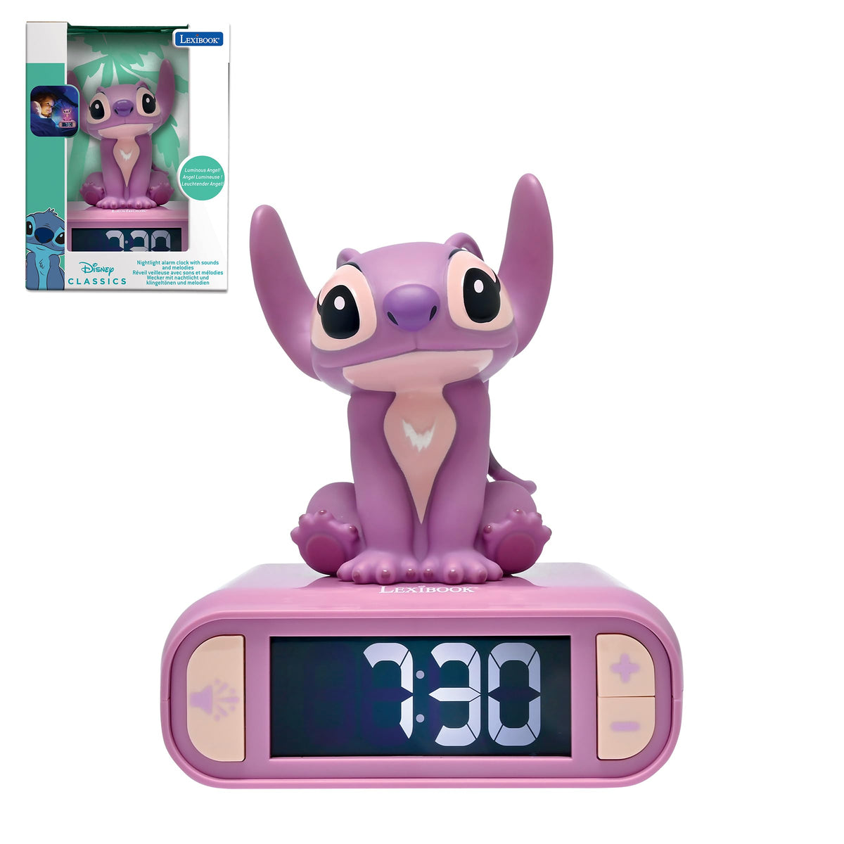Lexibook Disney Stitch Angel Nightlight Alarm clock with touch-activated glow for bedtime magic.