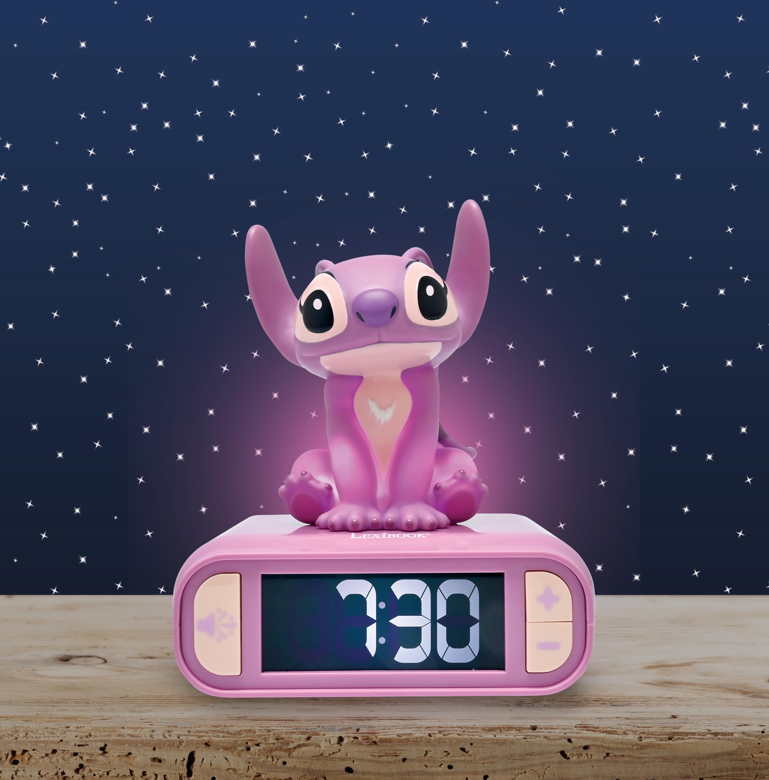 Lexibook pink Stitch nightlight clock designed for a cheerful kids' room.