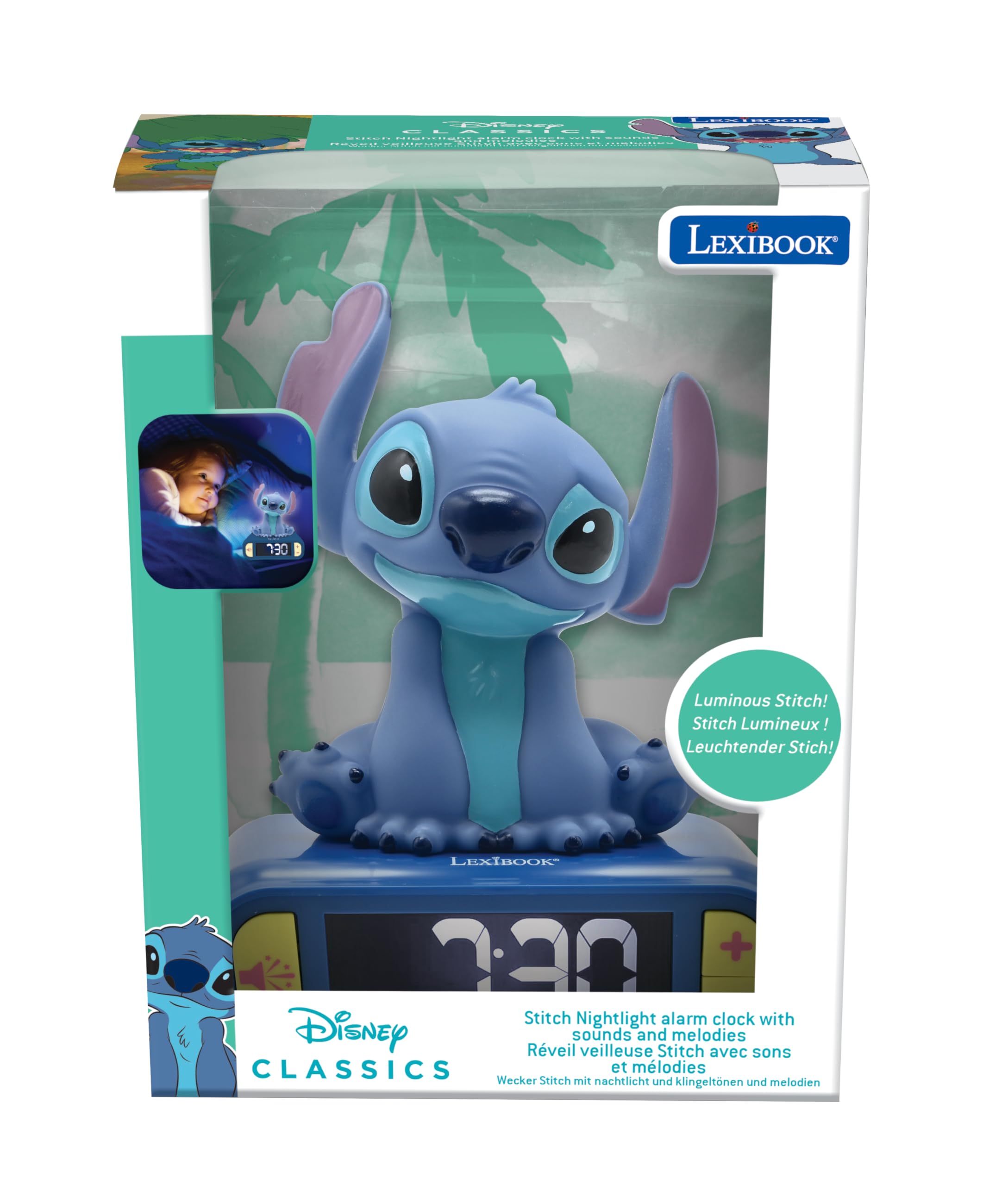 LEXiBOOK Stitch top-snooze button enables quick wake-up.