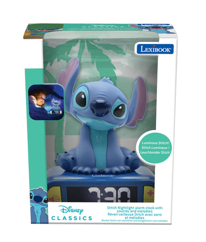 LEXiBOOK Stitch top-snooze button enables quick wake-up.