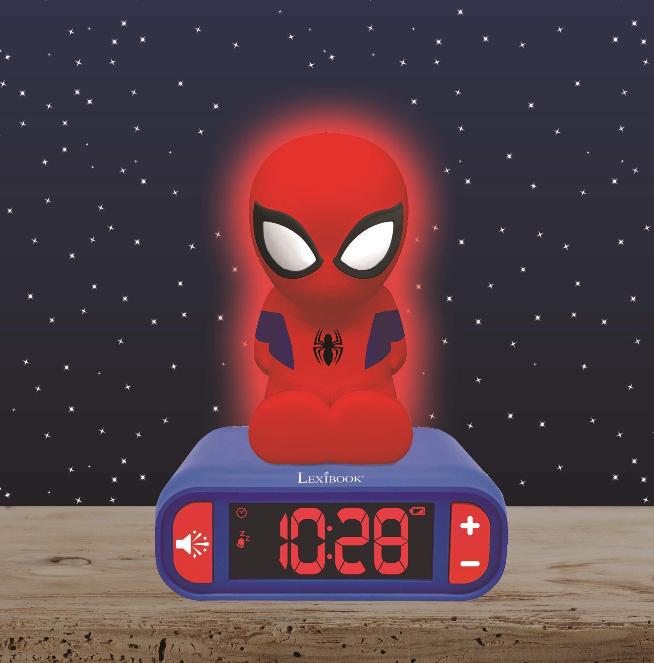 LEXiBOOK Spider-Man night-light activation adds soft glow for bedtime.
