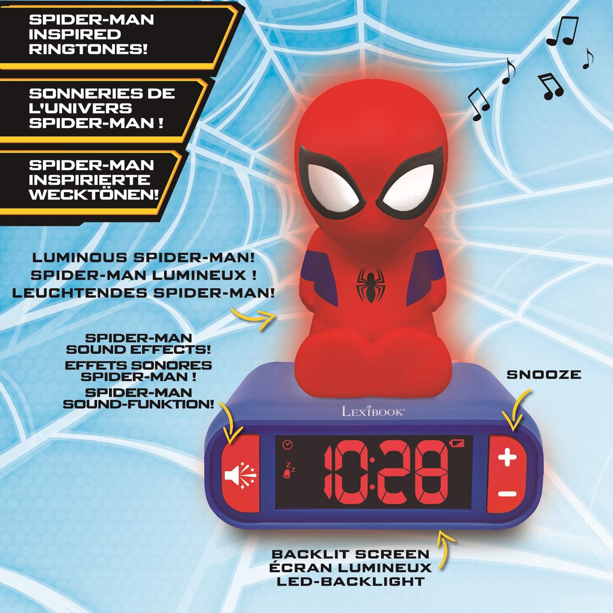 LEXiBOOK Spider-Man sound effects button offers fun wake-up prompts.