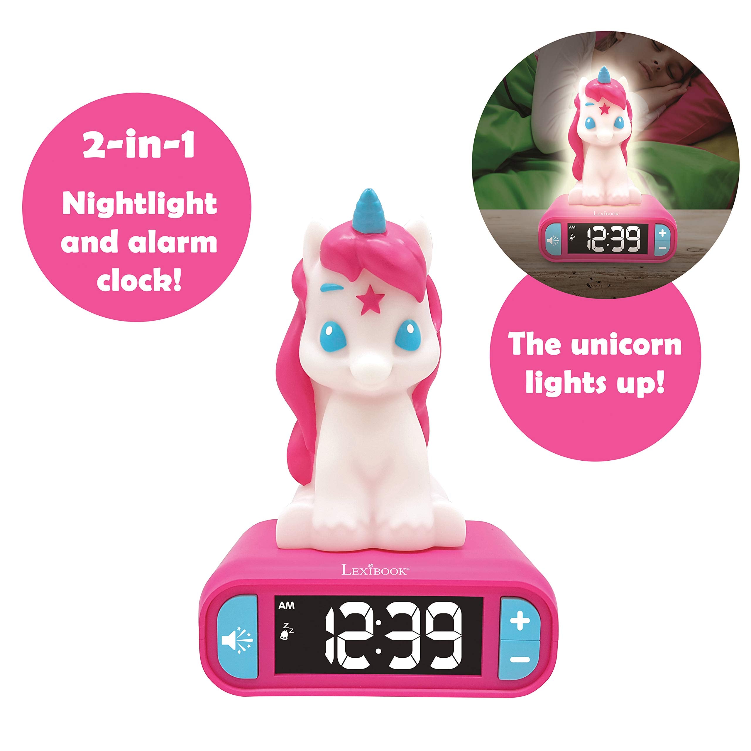 LEXiBOOK Unicorn Clock snooze button shown for a soft wake