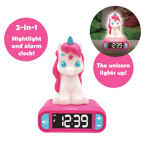LEXiBOOK Unicorn Clock snooze button shown for a soft wake