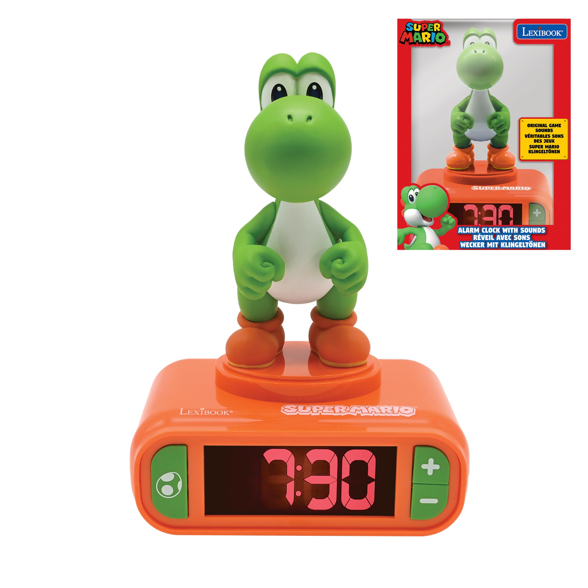 LEXiBOOK Yoshi nightlight alarm clock front view with friendly design and glow