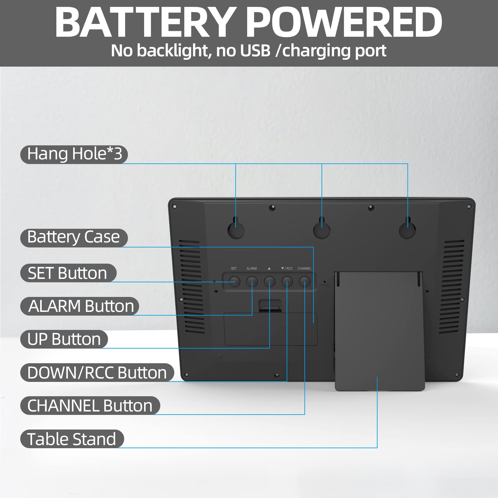 LFF Atomic Clock battery compartments show simple power with AA/AAA batteries.