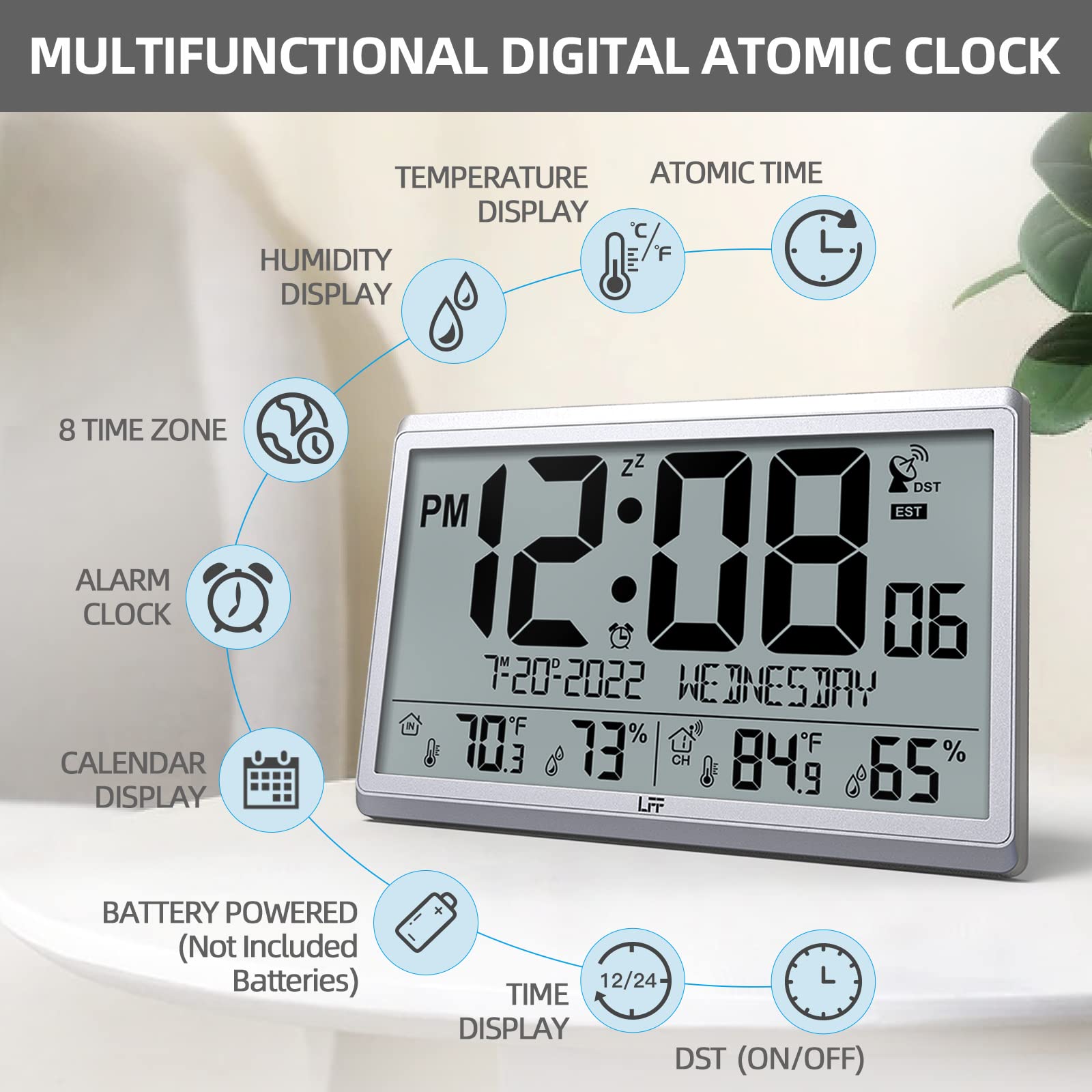 LFF Atomic Clock digital display showing time, date, and temp clearly