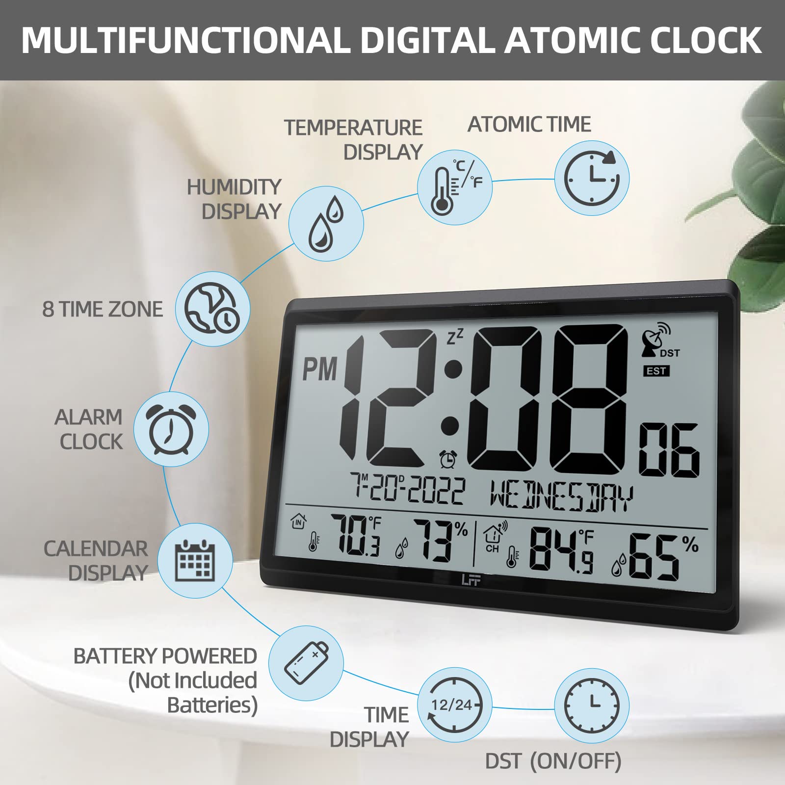 LFF Atomic Clock large display highlights 15-inch screen for seniors and visually impaired.